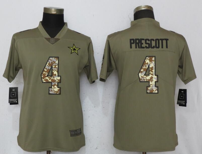 Women Dallas Cowboys #4 Prescott Olive Camo Carson Nike Salute to Service Player NFL Jerseys